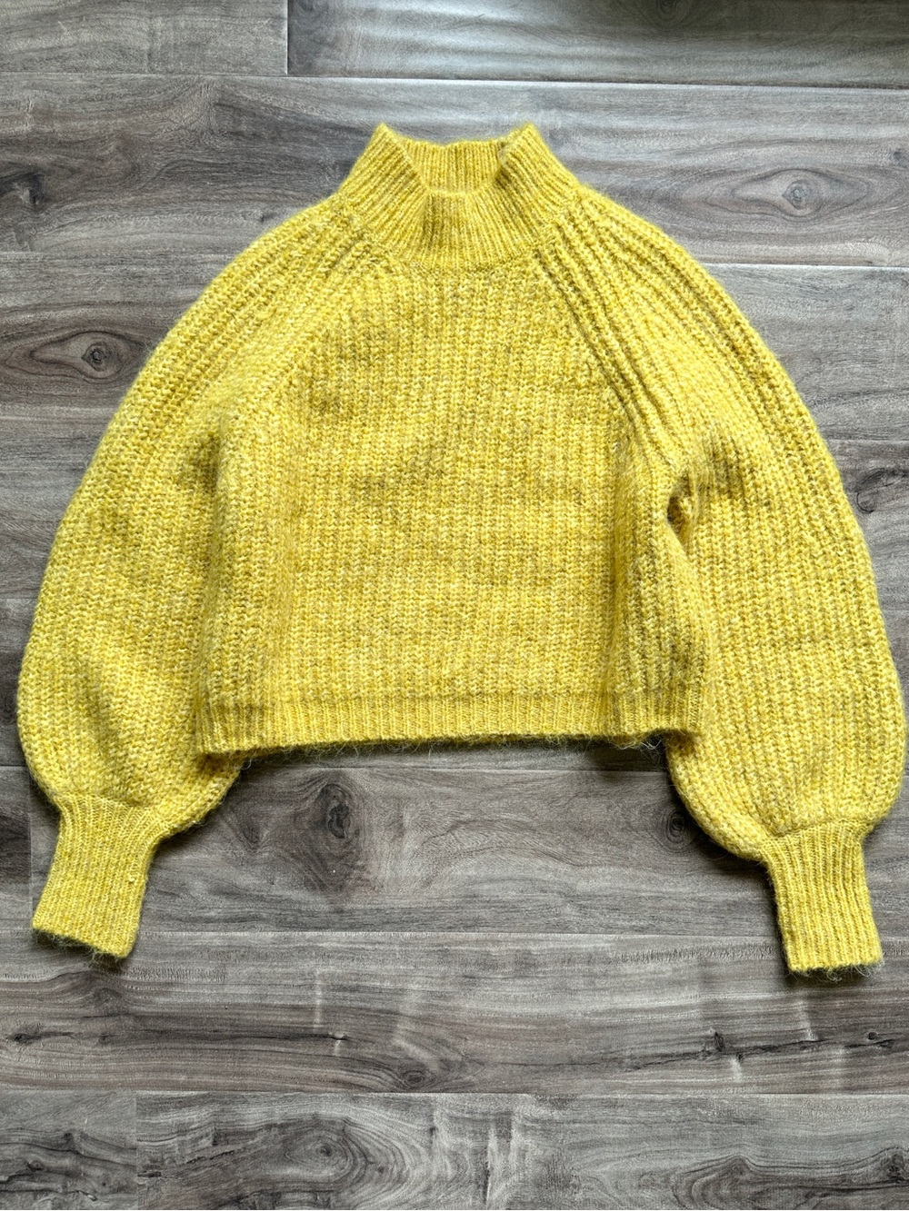 Chartreuse Yellow Mock Neck Balloon Sleeve Cropped Sweater S